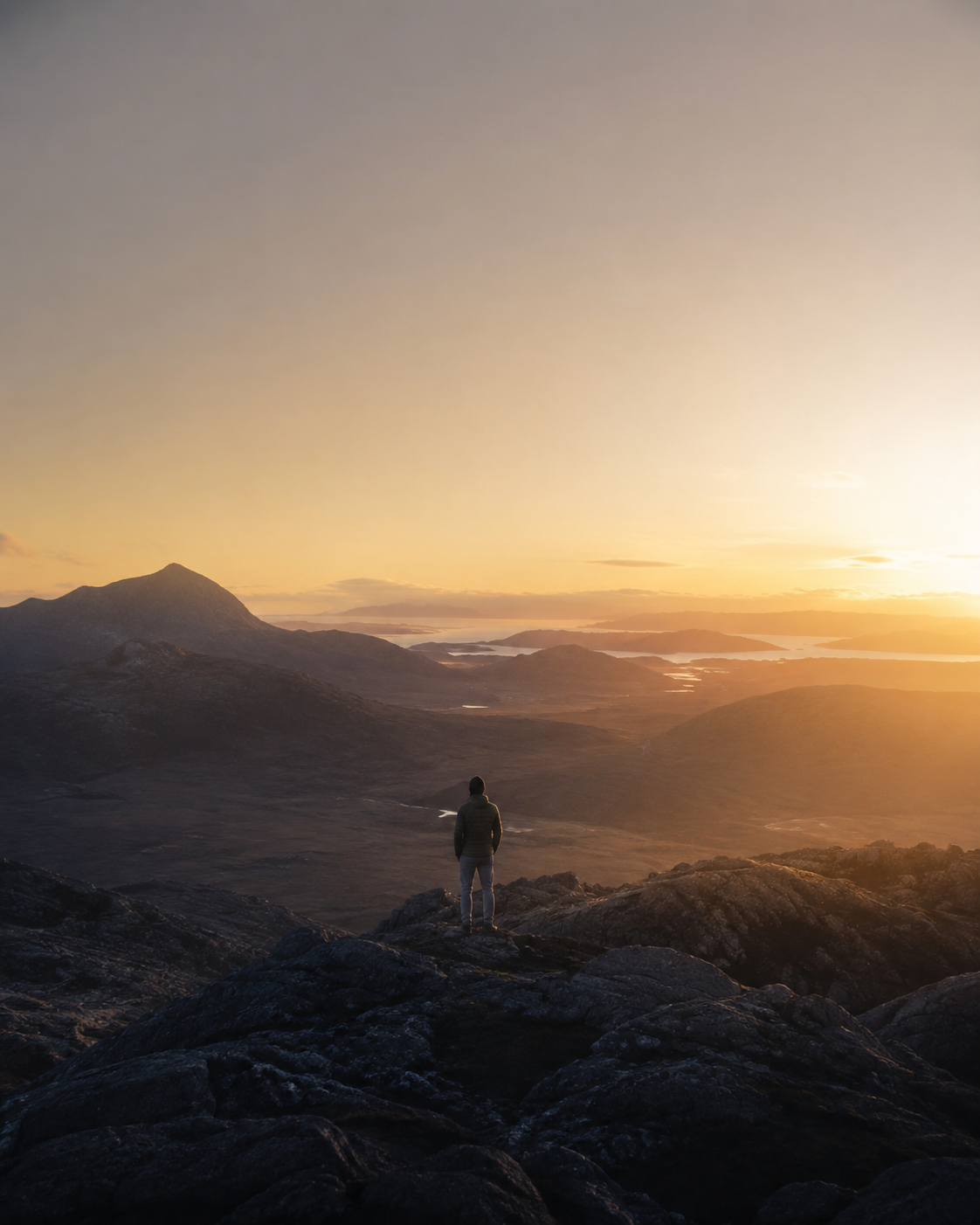 A distant person looks toward warm morning light across a dark, open landscape